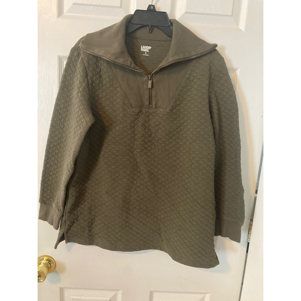 Lands End Womens Olive Green Quilted Quarter Zip Pullover Sweatshirt SizeM 10-12